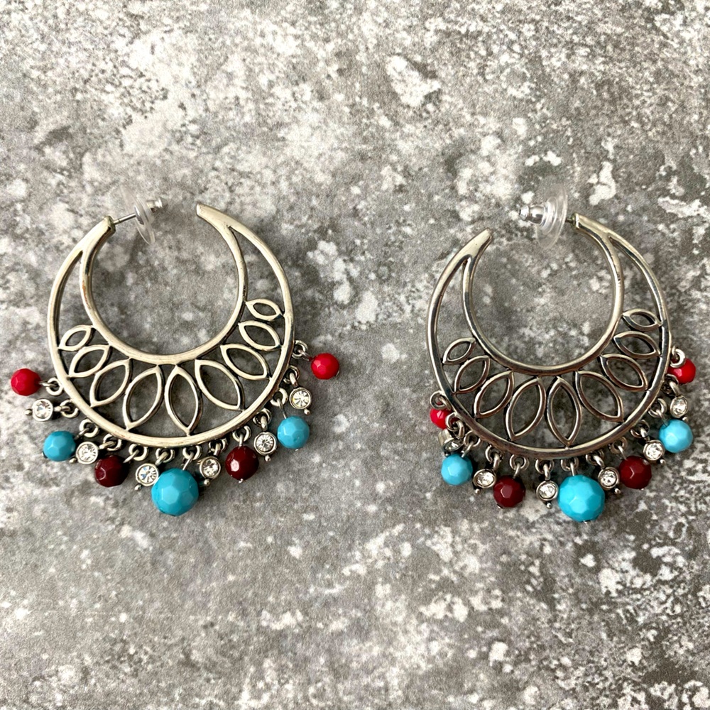 GUESS earrings in silver hardware with colored stones and silver rhinestones